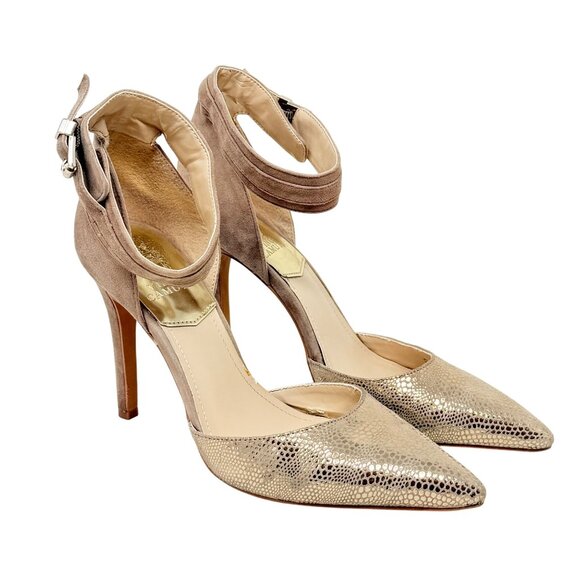 Vince Camuto Lyla Leather Beige Gold Ankle Strap Heels Nude‎ Size 9M /39 - READ - Picture 1 of 12